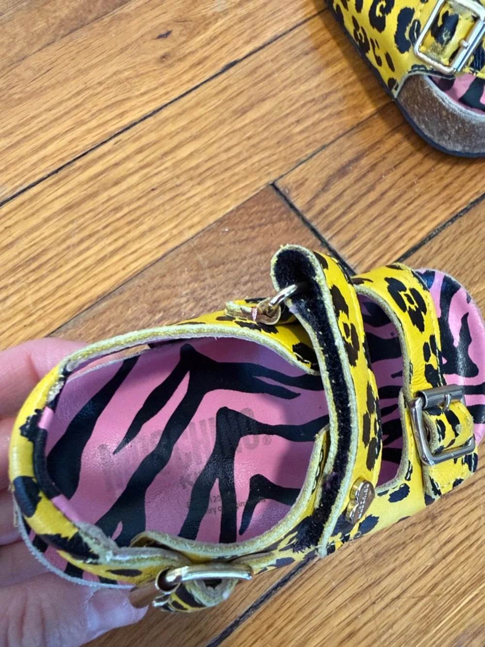 Moschino Kids Yellow Leopard Print birk cork Sandals Pink Zebra Insole 23 - US 7